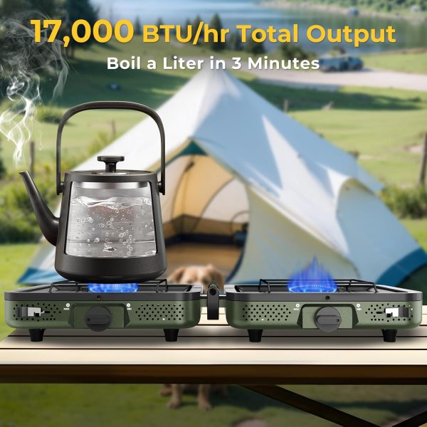 Camping Stove, 2 Burner Propane Stove With Grill,17,000 BTU Camp Stove, Foldable Camping Stove Propane Includes Carry Bag,Windscreen & Grill,Adjustable Burners & Piezo Ignition for Tailgating,BBQ,Camp - Image 2